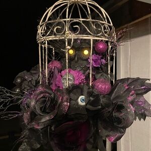 Black and Purple Halloween Hanging Cage Decor with light up owl